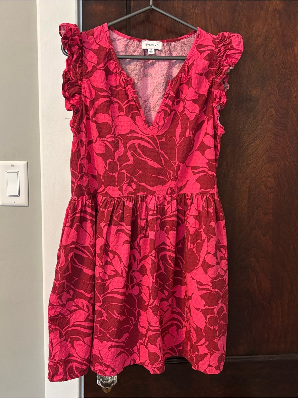 Evereve Dress Medium Pink Floral Cotton Rayon Pink Flutter Short Sleeve Tropical